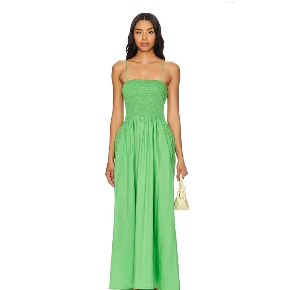 Faithfull The Brand Tergu Maxi Dress Mediu Green Poplin Smocked Adjustable Strap - Picture 3 of 13